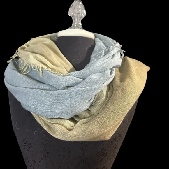 Scarf Ombré Blue Green Long Warm Soft Cotton Raw Edge - Picture 4 of 7